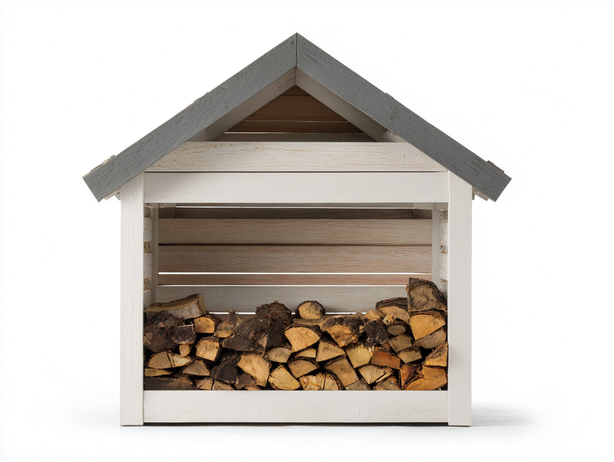 Leñero de exterior de madera con tejado a dos aguas 150x80x185 cm blanco-gris diseño rústico