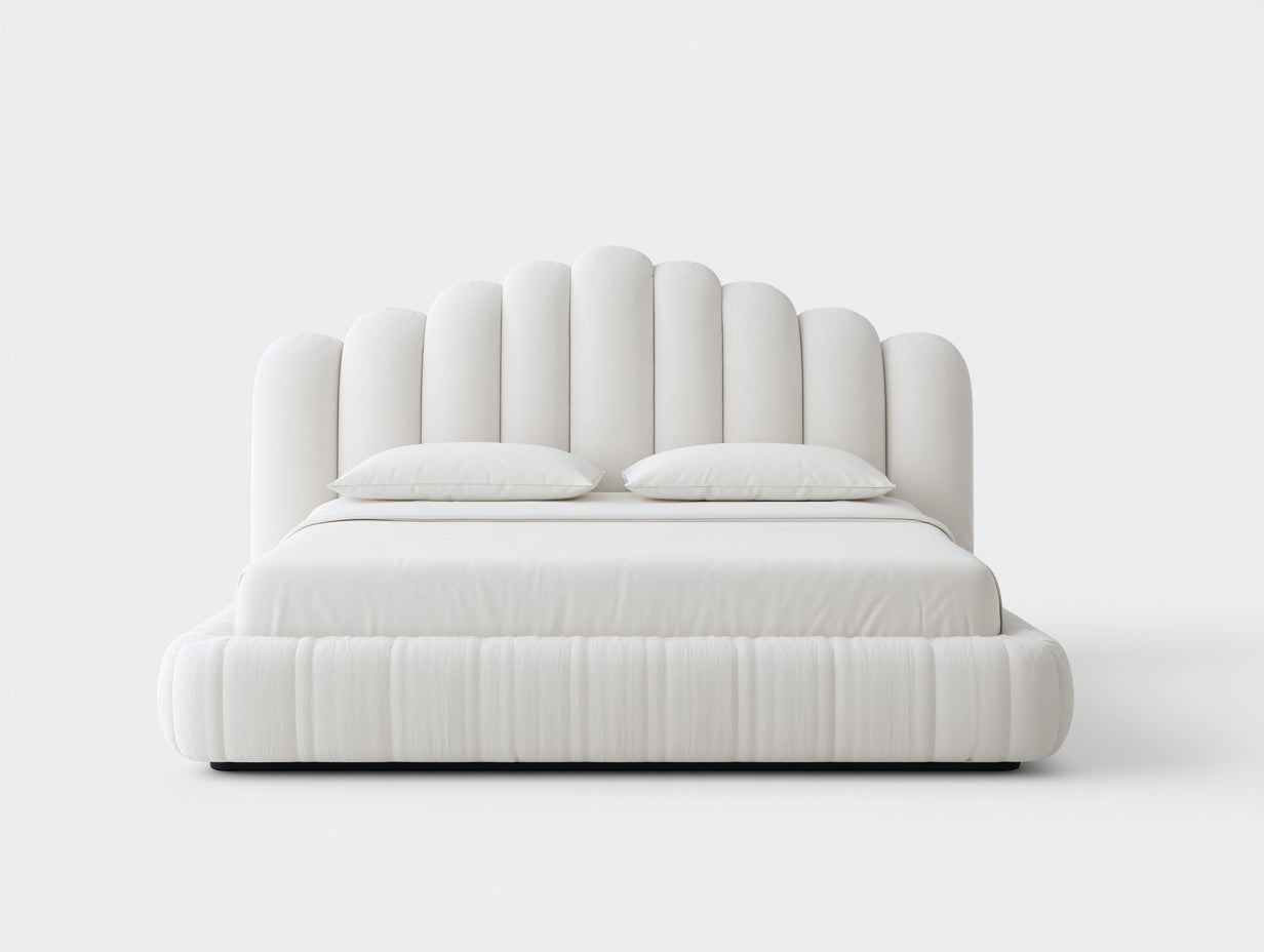 Camas dobles tapizadas en tela 200x160x95 cm - Blanco roto - cabecero acanalado moderno