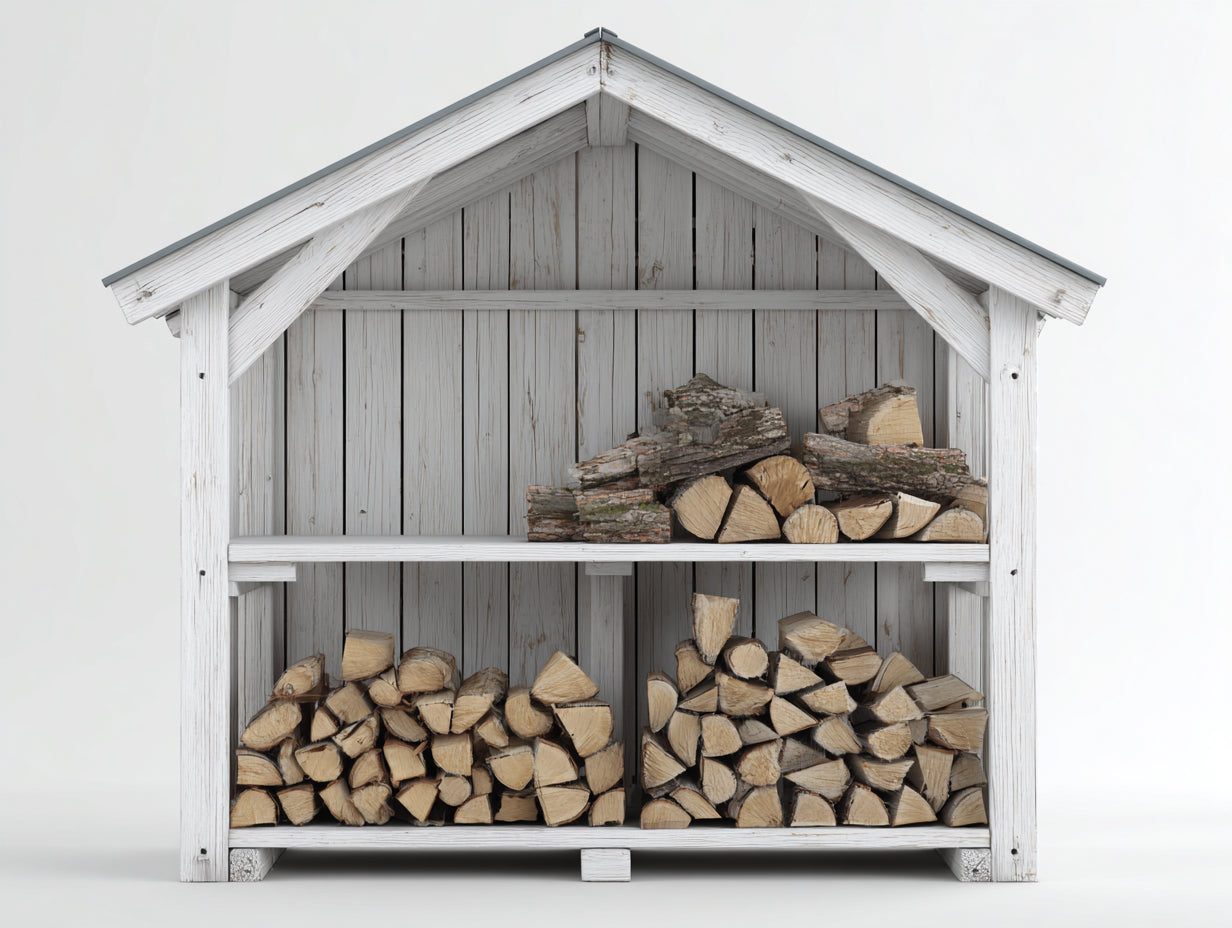 Leñero de exterior de madera 200x85x205 cm blanco envejecido y gris para jardín con doble nivel estilo rústico