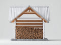 Leñero de exterior de madera con cubierta metálica 220x110x230 cm blanco-marrón natural diseño rústico