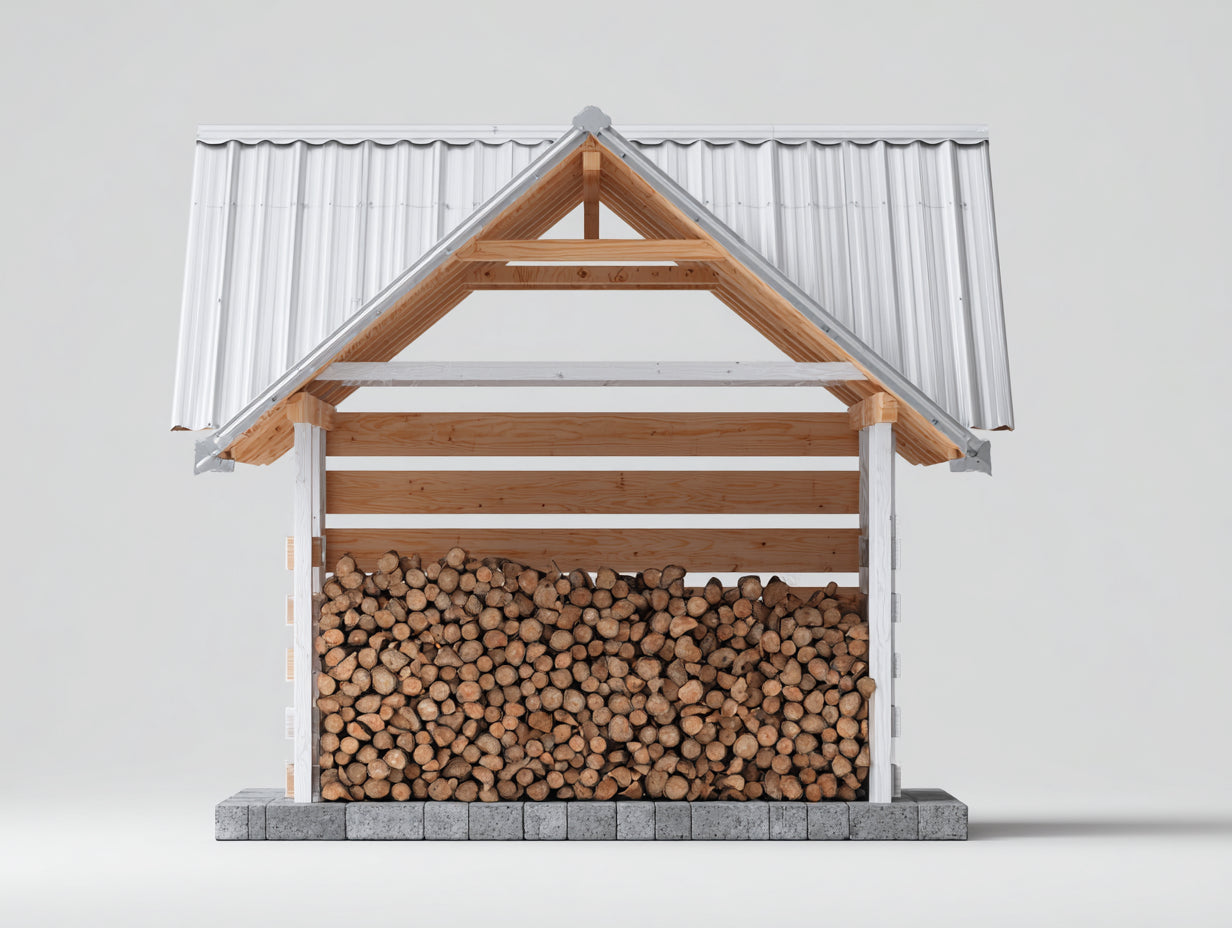 Leñero de exterior de madera con cubierta metálica 220x110x230 cm blanco-marrón natural diseño rústico