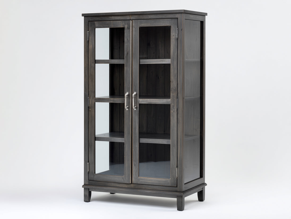 Vitrinas de madera con 2 puertas de vidrio 94x43x172 cm negro envejecido para salón diseño rústico