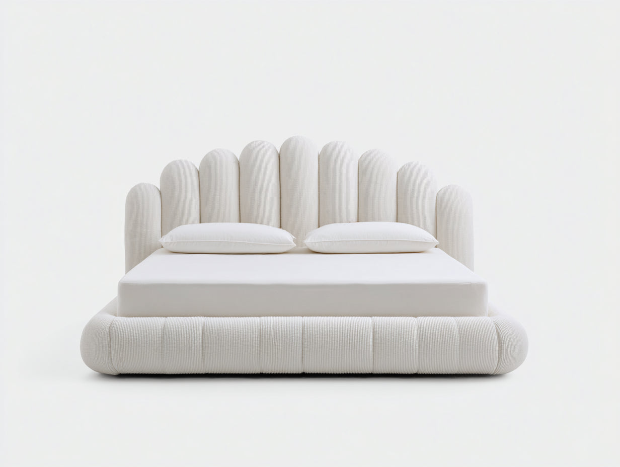 Camas dobles tapizadas en tejido acanalado 218x190x128 cm blanco para dormitorio diseño ondulado
