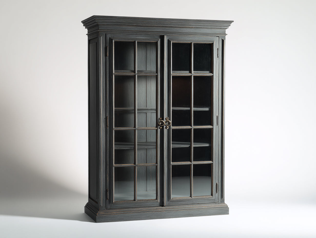 Vitrinas de madera 100x42x180 cm gris oscuro para salón con puertas de vidrio estilo clásico