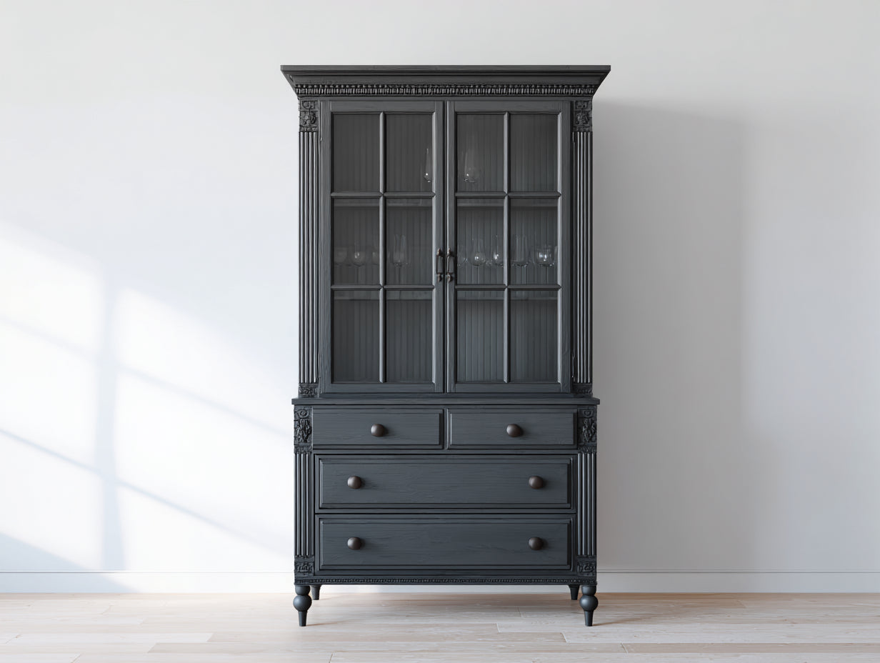 Vitrinas de madera 100x45x195 cm gris antracita para comedor con 2 puertas de vidrio y 4 cajones estilo clásico