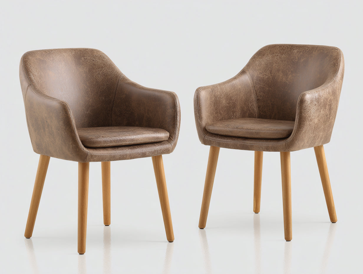 Sillas de comedor de 2 piezas tapizadas en piel sintética 58x60x83 cm marrón envejecido para comedor con reposabrazos estilo moderno
