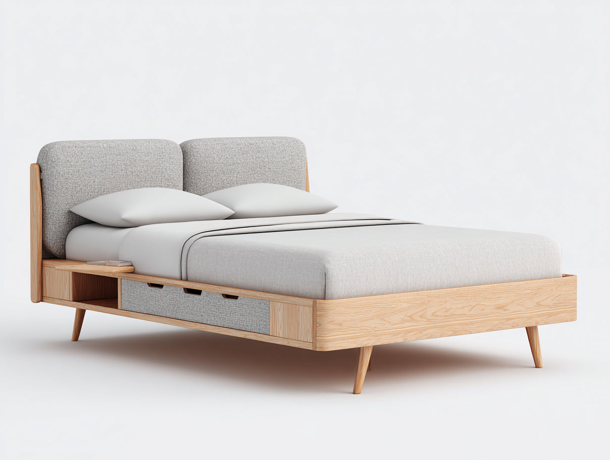 Camas dobles de madera 210 x 170 x 108 cm - madera natural y gris claro - diseño moderno con 3 cajones laterales