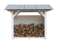 Leñero de exterior de madera 180x60x150 cm - blanco-gris-madera natural - diseño rústico para jardín
