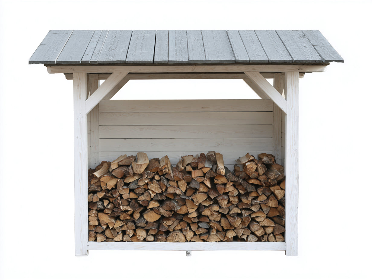 Leñero de exterior de madera 180x60x150 cm - blanco-gris-madera natural - diseño rústico para jardín
