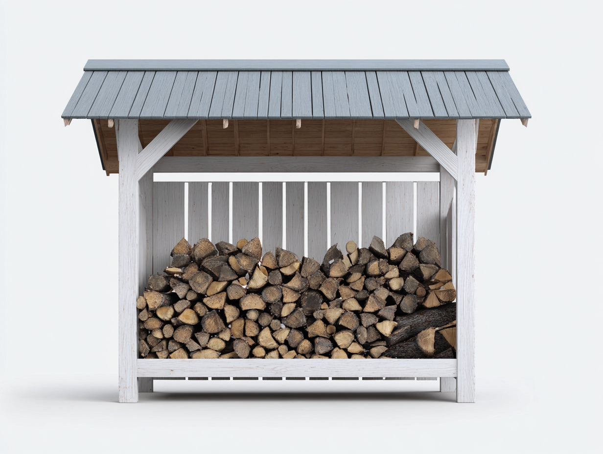 Leñero de exterior de madera 300x130x205 cm - blanco-gris claro - techo inclinado