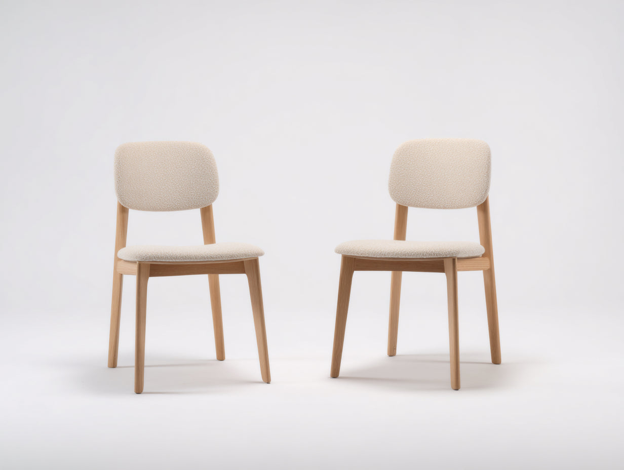 Sillas de comedor tapizadas en tela bouclé 49x50x80 cm - Beige y madera natural - estilo nórdico con respaldo redondeado