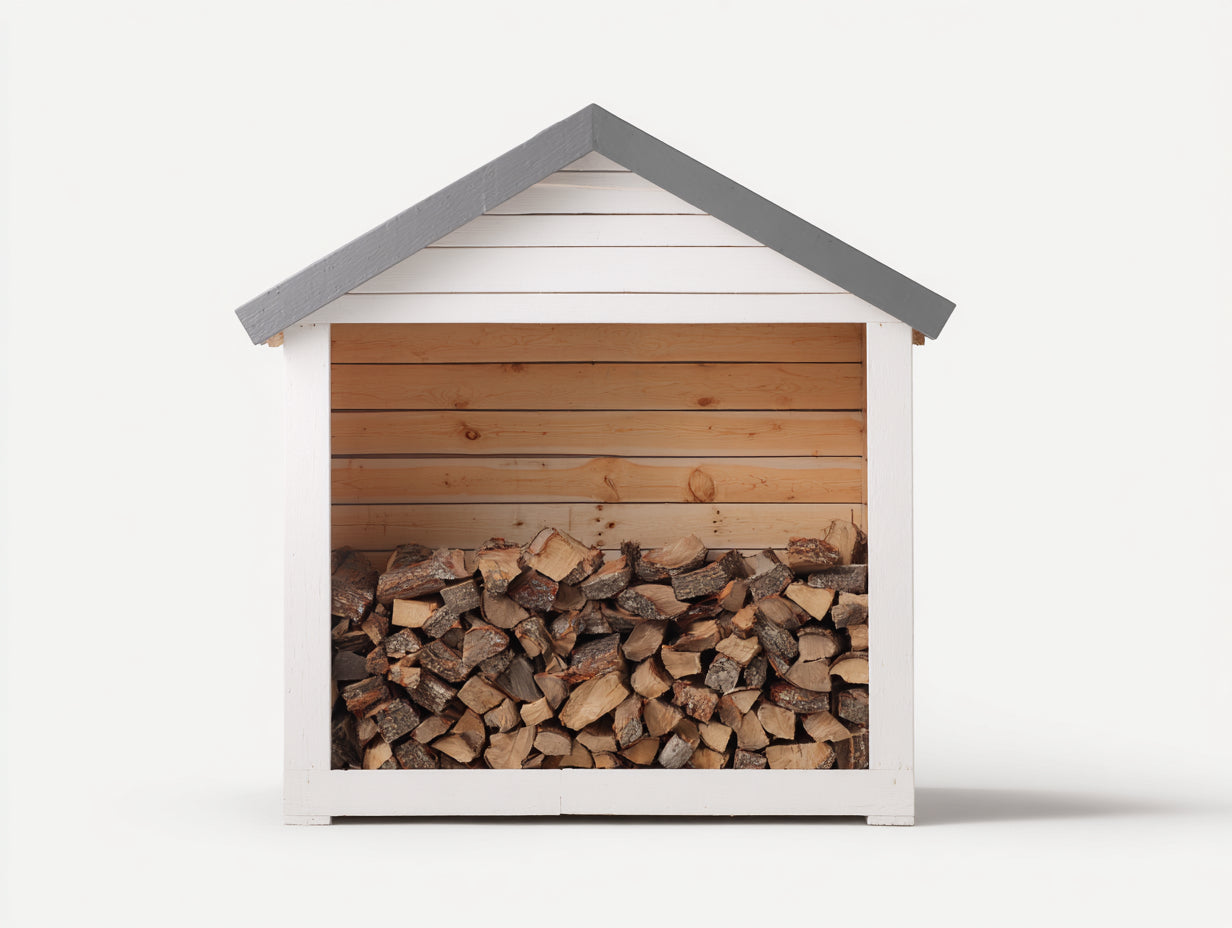Leñero de exterior de madera 180x75x190 cm blanco y gris para jardín con techo a dos aguas estilo rústico
