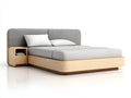 Camas dobles de madera 210x175x95 cm marrón natural y gris para dormitorio con cabecero tapizado estilo moderno