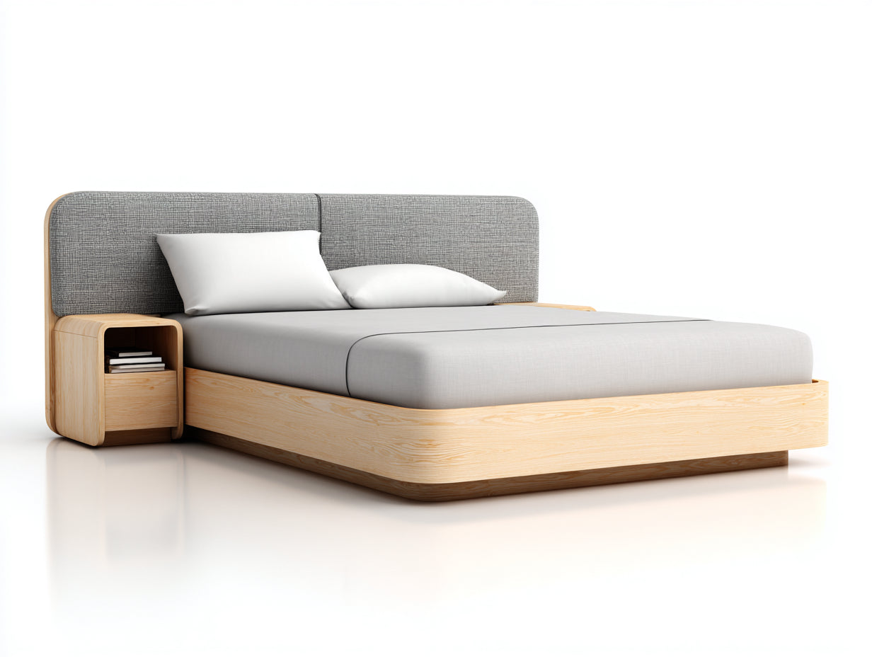 Camas dobles de madera 210x175x95 cm marrón natural y gris para dormitorio con cabecero tapizado estilo moderno