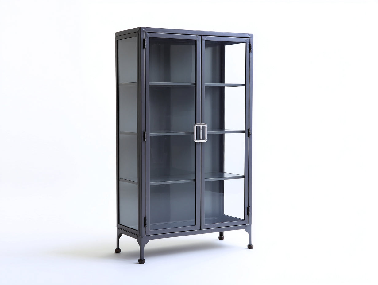 Vitrinas de metal y vidrio 100 x 40 x 170 cm - azul oscuro y metal plateado - estilo industrial con 2 puertas