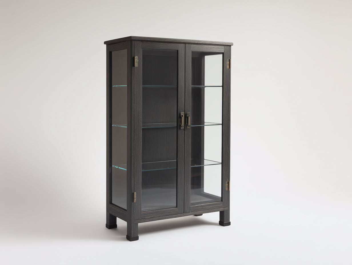 Vitrinas de madera 90x40x165 cm gris oscuro para salón con 2 puertas de vidrio y estantes de cristal estilo moderno